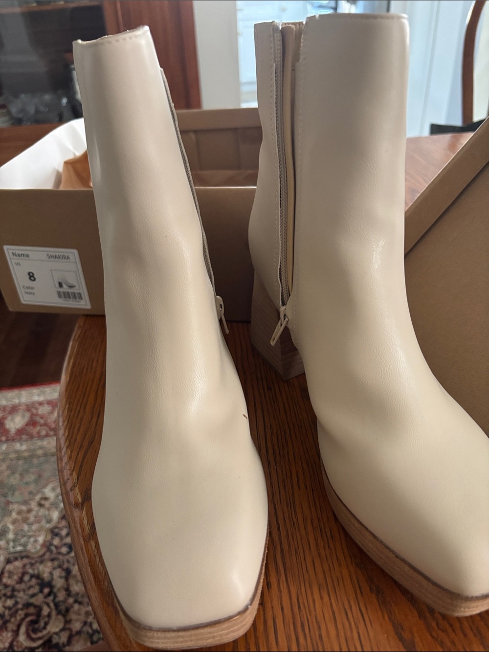 Cream Square-Toe Ankle Booties with Block Heel